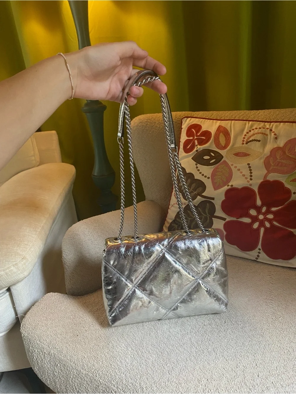 Tory Burch Metallic Silver Quilted Chain Shoulder Bag